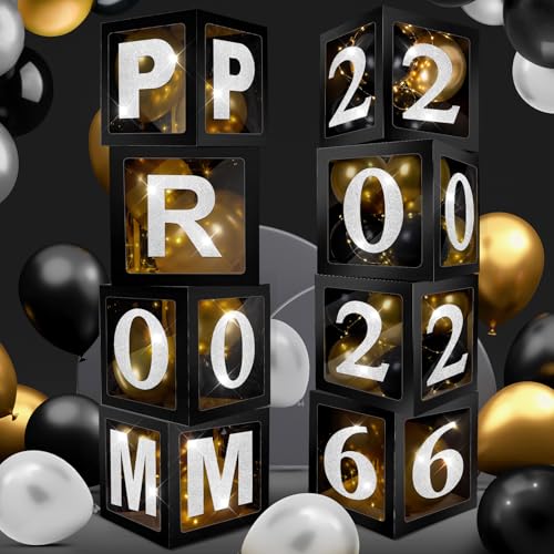 Suncalla 8 Pcs LED Light 2026 Prom Graduation Decorations 12" Prom Balloon Boxes Column Standup 2026 Graduation Lighting Boxes Backdrop Decor for Indoor Outdoor Party Supplies(Black White) - color: Black White