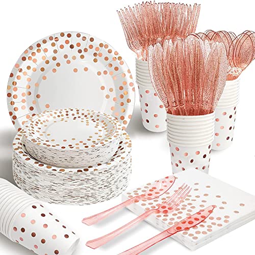 AIRE 175PCS White and Rose Gold Paper Plates Party Supplies for 25 Guests Party Decorations Dinnerware Rose Golden Dot Paper Plates Napkins Cups Gold Plastic Forks Knives Spoons for Wedding Birthday - color: 175Pcs White and Rose Gold