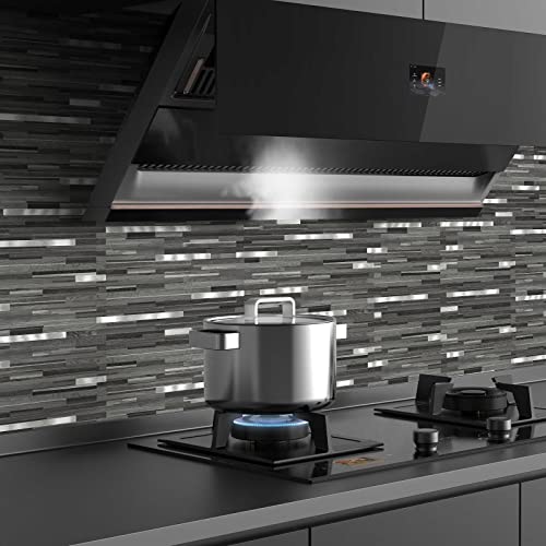 Midcard 20 Sheets Peel and Stick Backsplash, Black Grey Wood Look PVC Mixed Metal Stick on Backsplash Tiles for Kitchen - color: Black Grey Wood with Metal Silver, size: 20