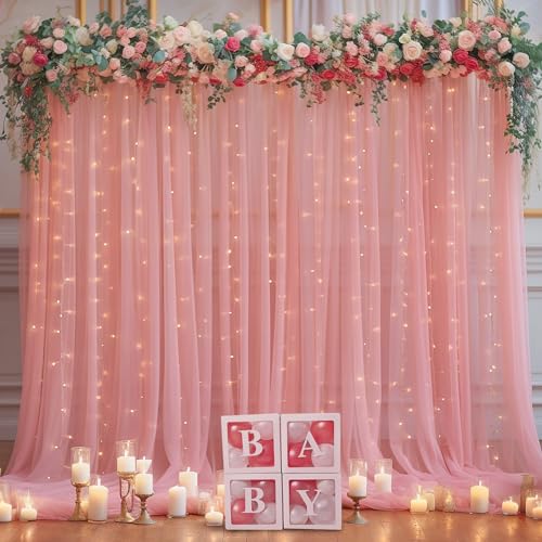 20x10ft Dusty Rose Tulle Backdrop Curtain with Lights String for Parites, Sheer Backdrop Curtains for Wedding Baby Shower Birthday Party Photo Shoot Decorations - color: Dusty Rose, size: 20ft x 10ft(4 Panels 5*10ft)