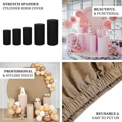 Efavormart Set of 5 | Cinnamon Brown Spandex Cylinder Plinth Display Box Stand Covers, Stretchable Pedestal Pillar Prop Covers - 160 GSM - color: Brown, size: Spandex Cylinder Covers
