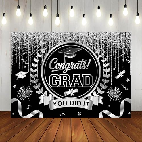 Graduation Backdrop Congrats Grad You Did It Party Decorations Background Congratulations Graduate Class of 2026 Banner Photo Booth Props (Black and Silver, 7x5ft) - color: Black and Silver