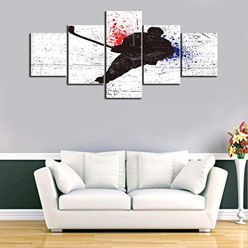 Sports Canvas Wall art Black and White Hockey Poster HD Prints Red Blue Ink Jet Painting Abstract Artwork Picture for Modern House Decoration Wooden Framed Stretched Ready to Hang 5 Piece(50''Wx24''H) - color: Artwork-31, size: 50''W x 24''H