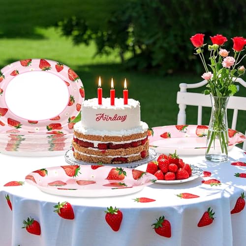 Grencian 50 Pcs Strawberry Oval Paper Plates Large 10" x 12" Strawberry Plates Disposable Berry Sweet Tableware for Girl Strawberry Birthday Party Decorations Spring Summer Fruit Baby Shower Supplies - style: Strawberry Oval Plates