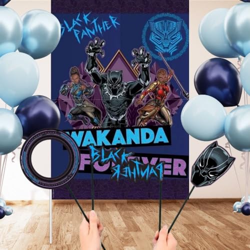 Multicolor Black Panther Wakanda Forever Scene Setter With Props - Includes: Backdrop (6' 8" x 4' 7"),12 Photo Props (Pack Of 16) - Vivid Design, Perfect for Parties, Movie Nights, & More - style: Black Panther Wakanda Forever