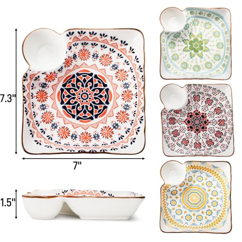 Pumtus 4 Pack Ceramic Dumpling Plates with Dipping Saucer, 7.3'' Individual Chip and Dip Serving Platter, Square Japanese Sushi Dish Tray, Colorful Serving Bowl for Appetizer Snack Fries Gyoza Taco