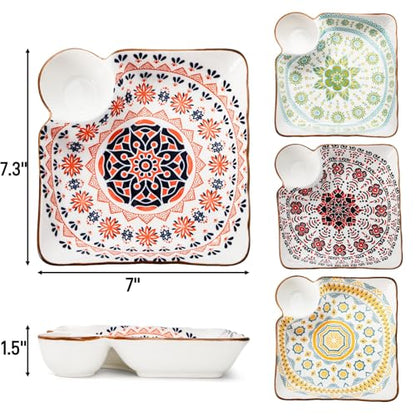Pumtus 4 Pack Ceramic Dumpling Plates with Dipping Saucer, 7.3'' Individual Chip and Dip Serving Platter, Square Japanese Sushi Dish Tray, Colorful Serving Bowl for Appetizer Snack Fries Gyoza Taco