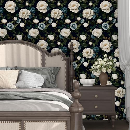 Laatse Navy Blue Floral Wallpaper Peel and Stick Vintage Peony Contact Paper 17.5"X118" Vinyl Waterproof Self Adhesive Removable Dark Botanical Print Wall Paper for Bedroom Living Room Cabinets - color: Blue Peony, size: 17.5" x 118"