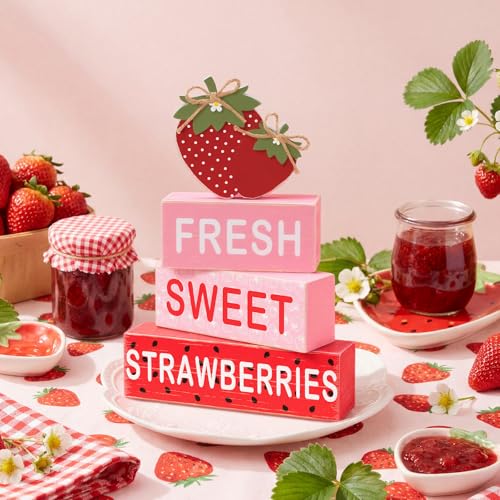 GlikCeil 4 Pcs Strawberry Table Decoration Summer Wooden Tiered Tray Decor Set Strawberry Wood Block Table Sign Centerpieces Farmhouse Rustic Summer Tabletop Decors for Home Office Desk Shelf Decor - style: Strawberry