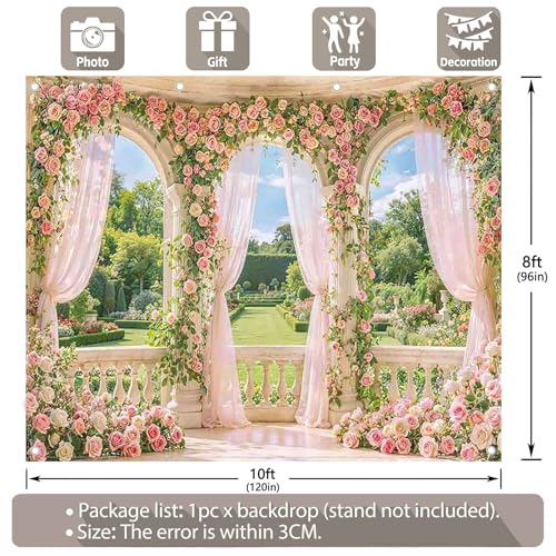 Fabric 10x8ft Spring Window Scenery Photography Backdrop Pink Flowers Rose Graden Background Girl Princess Wedding Bridal Shower Birthday Party Decorations Photo Props - size: 10'x8'