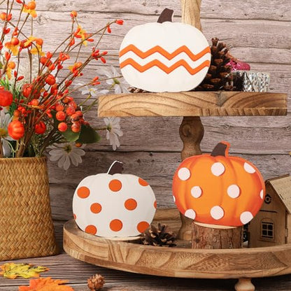 COCHIE Fall Pumpkin Decorations for Home Indoor, Thanksgiving Table Decor, Harvest Tabletop Decoration, Wooden Pumpkins Signs Block for Tiered Tray Party Shelf Display Set of 3 - style: Pumpkin
