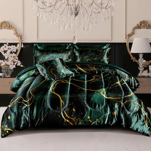Green Marble Comforter Sets King Silky Satin Bedding Emerald Green Gold Marble Stone Texture Silk Like Abstract Bed in A Bag with Comforter and Sheet Set - color: Green-01, size: King