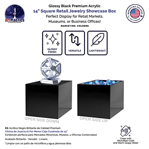 2 Pack 14" Acrylic Display Riser Box with One Open Side No Lid Versatile Glossy Black Square Retail Merchandise Storage Bin or Product Platform by Marketing Holders - size: 14"w x 14"h Black