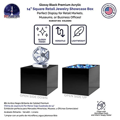 2 Pack 14" Acrylic Display Riser Box with One Open Side No Lid Versatile Glossy Black Square Retail Merchandise Storage Bin or Product Platform by Marketing Holders - size: 14"w x 14"h Black