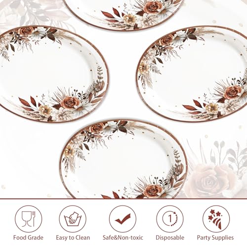 Grencian 50Pcs Fall Boho Floral Oval Paper Plates 10" x 12" Large Disposable Heavy Duty Fall Boho Rustic Dark Flower Tableware Dessert Plates for Autumn Thanksgiving Birthday Wedding Party Supplies - style: Fall Boho Flower Oval Set