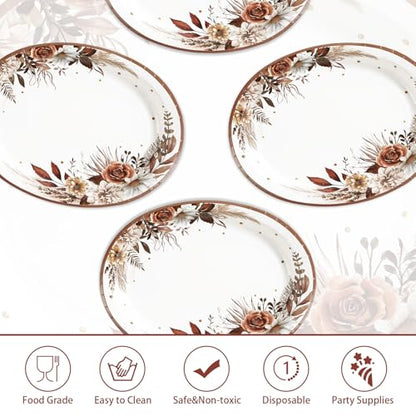 Grencian 50Pcs Fall Boho Floral Oval Paper Plates 10" x 12" Large Disposable Heavy Duty Fall Boho Rustic Dark Flower Tableware Dessert Plates for Autumn Thanksgiving Birthday Wedding Party Supplies - style: Fall Boho Flower Oval Set