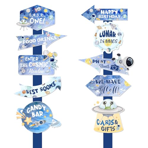 20PCS Outer Space Party Decorations Signs Sapceship Rocket Astronaut Directional Signs Blue Solar System Cutouts Yard Outdoor Wall Road Sign for Outer Space Birthday Baby Shower Decors Party Supplies Photo Props - style: Outer Space