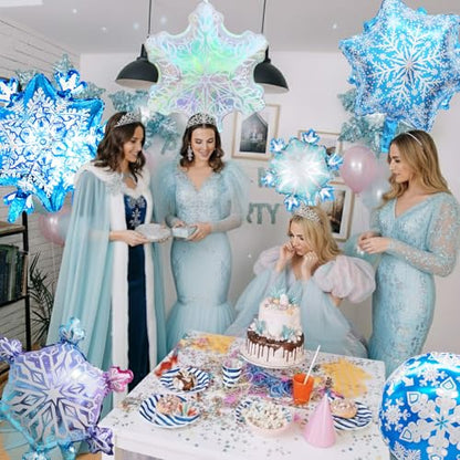 Biapian Snowflakes Balloons Set, Large Snowflake Shaped Foil Balloon, Blue Purple Silver Iridescent Snow Balloons for Ice Snow Princess Themed Birthday Party Decorations Winter New Year Decorations - style: Snowflake