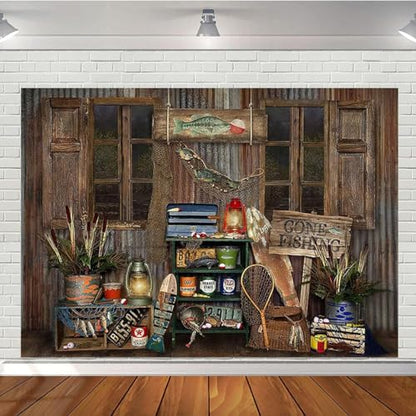 Rustic Wood Gone Fishing Photography Backdrop Gone Fishing Boy Girl Birthday Party Decoration Background Brown Wood Board Child Portrait Backdrop Baby Shower Dessert Cake Table Banner (9X6FT) - size: 9X6FT