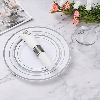 Goodluck 100 Pack Pre Rolled Silver Plastic Silverware, Wrapped Plastic Cutlery Set with Napkin Include 100 Forks, 100 Knives, 100 Spoons and 100 Napkins, Disposable Silverware for Party, Wedding - size: 100pc, style: Silver