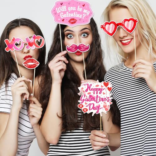 24Pcs Galentine's Day Decorations Photo Booth Props Including Masks, Love, Glasses, Mustache, Snowman for Galentines Valentines Day Party Decortions Supplies Ideas Favors
