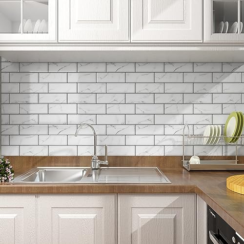 WESTICK Peel and Stick Backsplash Tile 10 Sheets Peel and Stick Subway Backsplash Grey Marble Back Splash Sticky Tiles Oil-Proof Tile Stickers Waterproof Wall Tiles for Kitchen Bathroom DIY 12”x12” - color: 2.Marble white
