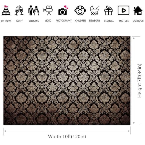 10x7ft European Classic Textured Backdrop Black and Gold Victorian Damask Photography Background Birthday Party Baby Shower Bedroom Decorations Banner Kids Adults Portrait Supplies - size: 10x7ft