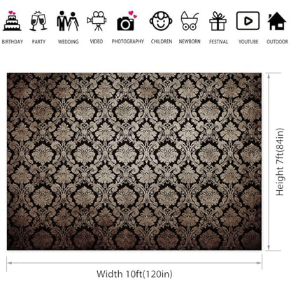 10x7ft European Classic Textured Backdrop Black and Gold Victorian Damask Photography Background Birthday Party Baby Shower Bedroom Decorations Banner Kids Adults Portrait Supplies - size: 10x7ft