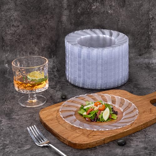 U-QE 100 Pieces Clear Plastic Plates - 7 Inch Plastic Dessert Plates Disposable - Washable & Reusable - Premium Hard Clear Fancy Disposable Heavy Duty Cake Platos for Party, Weddings and Events - color: 7Inch-100pcs-Clear