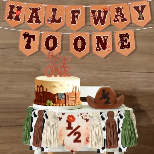1/2 Birthday Boy Half Birthday Decorations - Western Cowboy Half Way to One Banner, My First Rodeo Birthday Hat, Cake Topper, Tassel Chair Banner for Boys 6 Months Birthday Decorations Party Supplies - color: Cowboy Brown