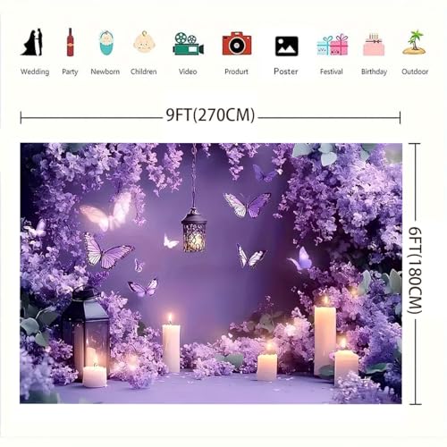 Romantic Purple Backdrop Glitter Purple Butterfly Lavender Flower Wall Background Photography for Birthday Party Girl Fairy Party Decorations Wedding Photo Booth Studio Props (A, 9X6FT) - color: A, size: 9X6FT