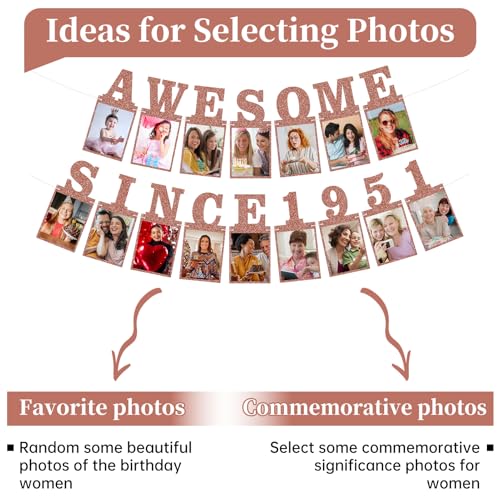 Pre-strung Awesome Since 1951 Photo Banner Birthday Decorations for Women- Pink Rose Gold Glitter 75th Birthday and Anniversary Decorations Party Supplies - style: Pink Rose Gold 75th