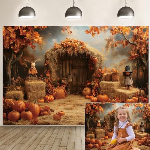 Fall Thanksgiving Backdrop 12x8ft Vinyl Autumn Pumpkin Maple Leaves Harvest Scarecrow Rustic Wood Door Photoshoot Photography Background Decorations Baby Birthday Portrait Studio Booth Props - size: 12X8FT