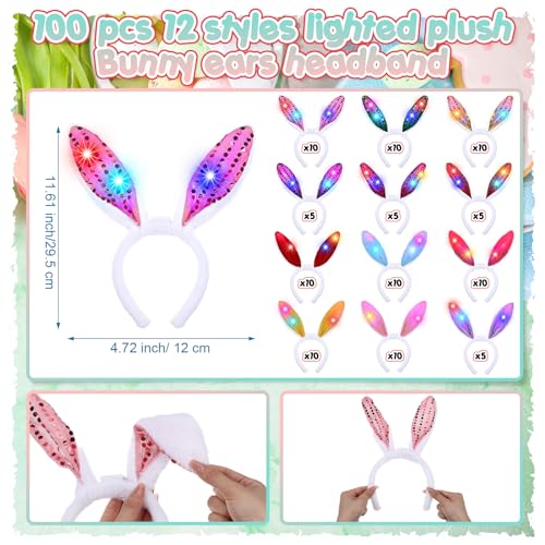 Zeyune 100 Pcs Light up Bunny Ears Headband, LED Ear Rabbit Hairband, Plush Luminous Headdress Party Hair Accessories for Women Men