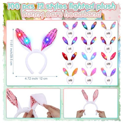 Zeyune 100 Pcs Light up Bunny Ears Headband, LED Ear Rabbit Hairband, Plush Luminous Headdress Party Hair Accessories for Women Men