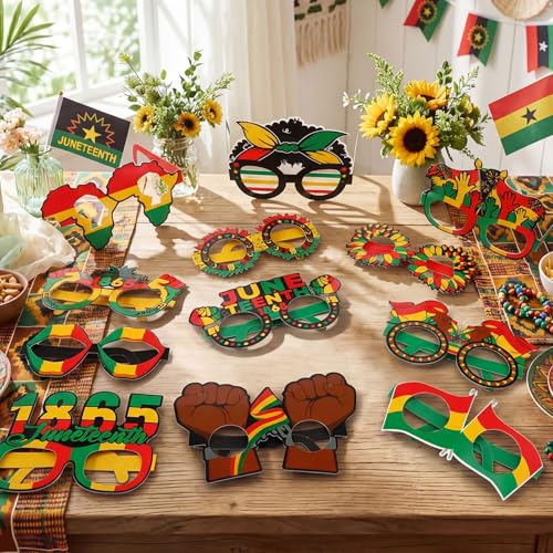 32 Pcs Juneteenth Party Decorations Paper Eyeglasses Black History Month African American Accessories Pan African Flag Photo Booth Props 1865 Freedom Day Celebration Party Supplies - style: Juneteenth