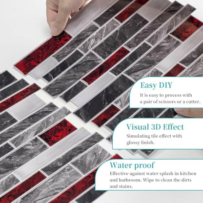 VICCI 12-Sheet Peel and Stick Tile Backsplash, Vinyl Waterproof Tiles Decals 12 x 12 inch Self Adhesive Wall Sticker for Kitchen, Bathroom & Laundry Room (Grey & Red Marble Style) - color: Spt-202, size: 12 x 12 inch (Marble style)