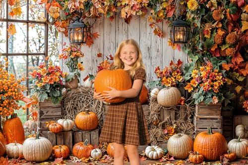 7 x 5 ft Fall Backdrop Autumn Pumpkin Rustic Wooden Floor Barn Harvest Family Holiday Photo Background Maple Leaves Thanksgiving Photoshoot Portrait Photo Backdrops Decorations - color: Yellow3, size: 7x5ft