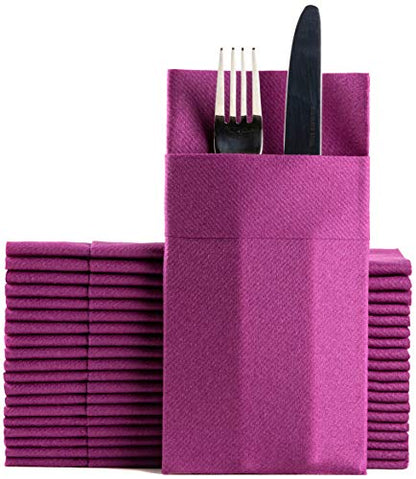 Moyes Home Purple Disposable Dinner Napkins with Pocket - Linen-Feel Pre-Folded Cloth-Like Paper Napkins for Silverware, Weddings, Dinner Parties, 16x16 in, Pack of 50 - color: Purple