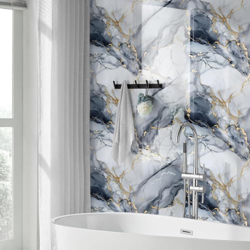 10pcs Thick Marble Peel and Stick Waterproof Wall Panels,Heat-Resistant Backsplash Tile, 23.6"x11.8" PVC Foam Wall Sticker for Kitchen,Living Rooms,TV Walls,Blue and Gold (Not Real Tile 19.4Sq. Ft.) - color: Blue Marble Tiles, size: 23.6" x 11.8" x 4MM x