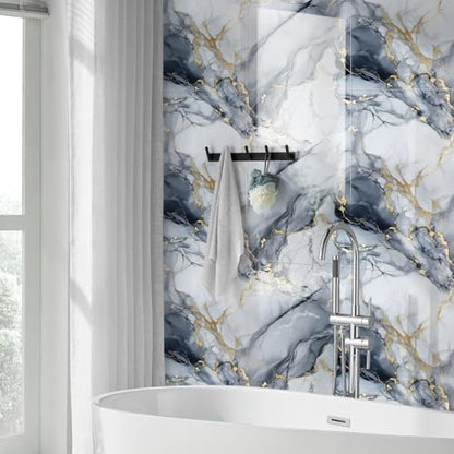 10pcs Thick Marble Peel and Stick Waterproof Wall Panels,Heat-Resistant Backsplash Tile, 23.6"x11.8" PVC Foam Wall Sticker for Kitchen,Living Rooms,TV Walls,Blue and Gold (Not Real Tile 19.4Sq. Ft.) - color: Blue Marble Tiles, size: 23.6" x 11.8" x 4MM x