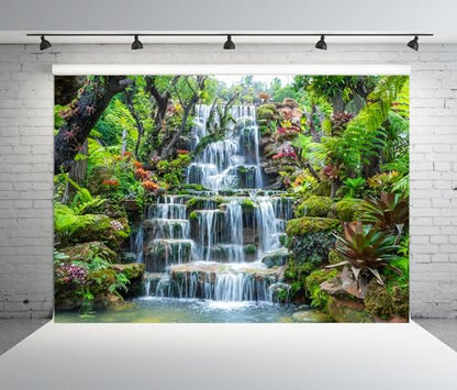 BELECO 9x6ft Fabric Garden Waterfall Backdrop Mountain Rocks Flowing Water Lake River Green Forest Trees Nature Background Home Wall Decor Photo Booth Shoot Studio Props - size: 9x6FT