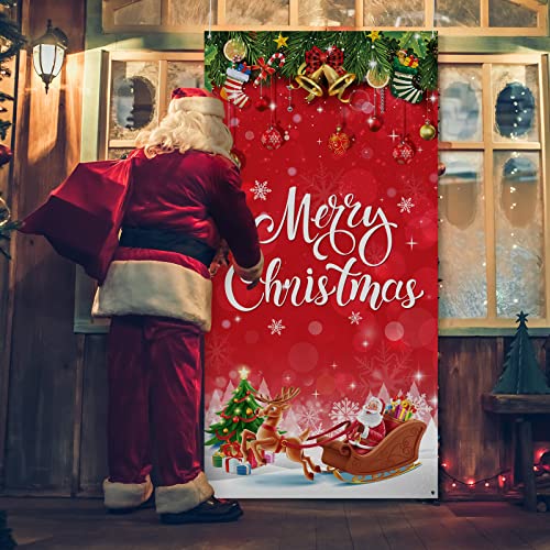 Irenare Christmas Decorations Merry Christmas Door Cover Xmas Background Banner Xmas Door Hanging Covers Photo Booth Props for Winter Party Decorations Supplies, 70.9 x 35.4 Inch(Vivid Style) - style: Vivid Style