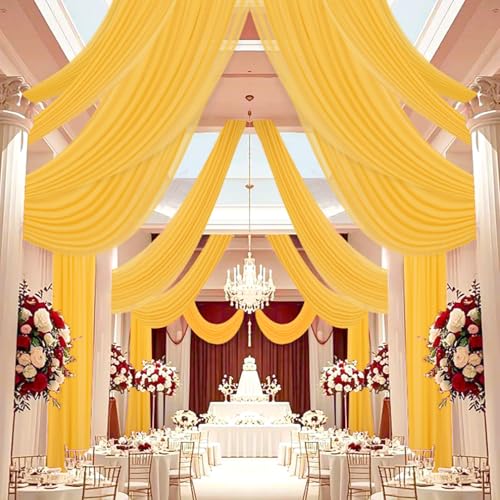 DUOBAO Chiffon Ceiling Drapes 20FT 4 Panels Gold Sheer Wedding Backdrop Curtains for Indoor Events Banquet Hall Tent Drapery Soft Draping Fabric for Arches Christmas and Photography（Golden） - color: Gold, size: 60"W x 240"L (Pack of 4)