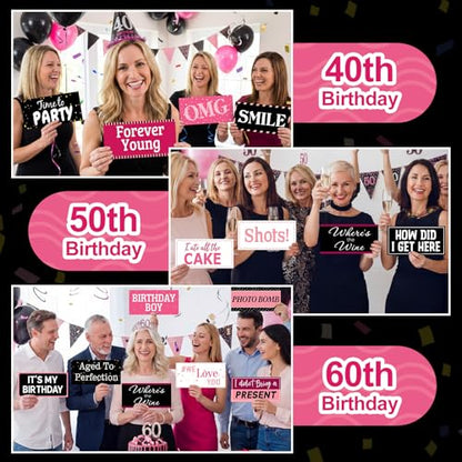 24 Designs Birthday Photo Booth Props 11x5.5 Inch Pink Black Happy Birthday Photobooth Accessoires 40th 50th 60th Funny Holiday Graduation Wedding Party Favors Supplies DIY Waterproof Selfie Sign - color: Black Pink, style: Birthday