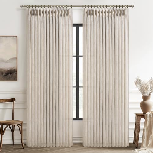 Pinch Pleated Light Filtering 60 Inch Wide Bedroom Curtains 96 Inches Long 2 Panels Set, Natural Linen Memory Trained Privacy Semi Sheer Curtain Farmhouse Oatmeal 8 FT Length Heavy Viral Window Drapes - color: Natural, size: 60"W x 96"L( Pack of 2)