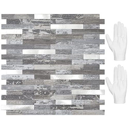 STICKGOO Peel and Stick Backsplash, PVC Wall Tiles Stick on Backsplash for Kitchen(10 Sheets, Distressed Wood with Metal Silver) - color: Distressed Wood with Metal Silver