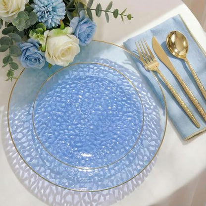 I00000 150Pcs Clear Blue Plastic Plates with Gold Rim,Blue Disposable Plates,Clear Hammer Patterned Disposable plates Set include 30 Dinner Plate,30 Dessert Plate,90 plastic Silverware Set for Party - color: Clear Blue
