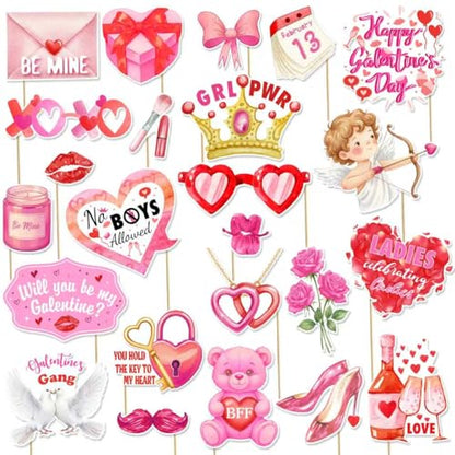 24Pcs Galentine's Day Decorations Photo Booth Props Including Masks, Love, Glasses, Mustache, Snowman for Galentines Valentines Day Party Decortions Supplies Ideas Favors