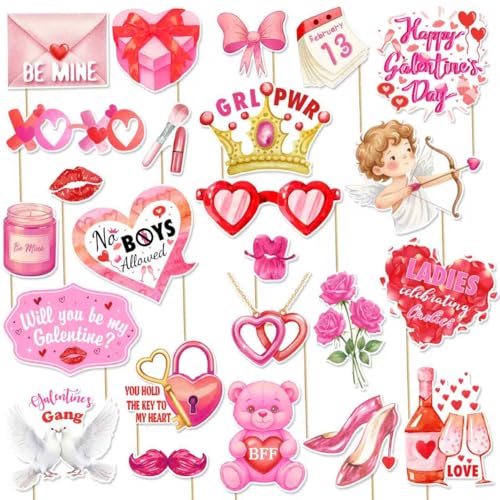 24Pcs Galentine's Day Decorations Photo Booth Props Including Masks, Love, Glasses, Mustache, Snowman for Galentines Valentines Day Party Decortions Supplies Ideas Favors